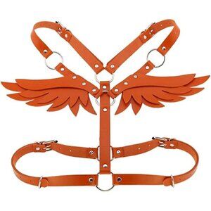 ORANGE Leather Harness Angel Wing Garter Belt Waistband Slave Fetish Bondage BDS